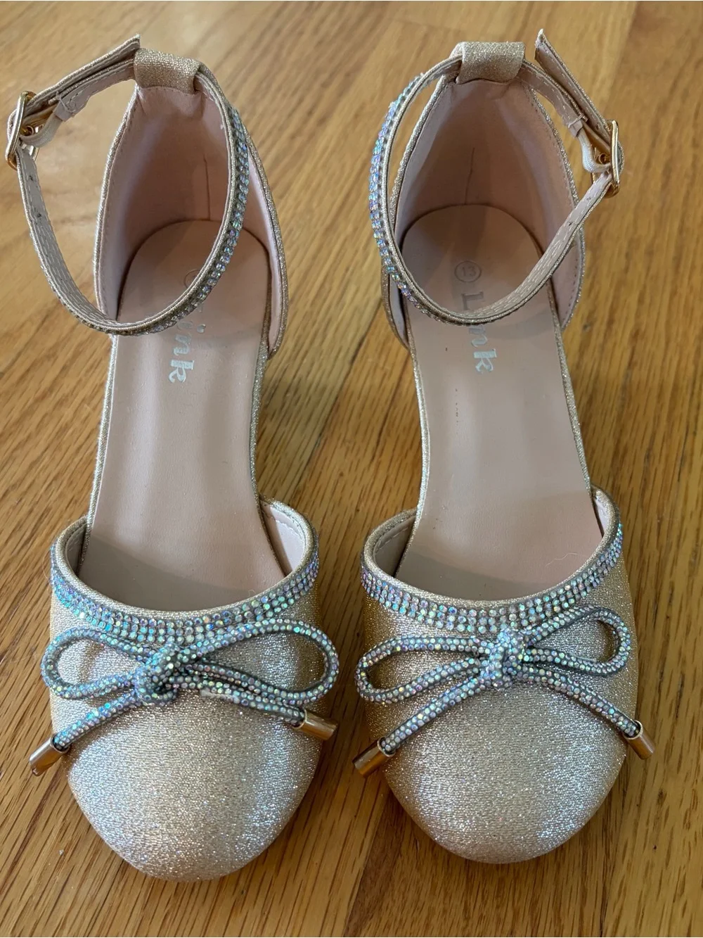 Sparkle Bow Ankle-Strap Girl’s Heels - Gold